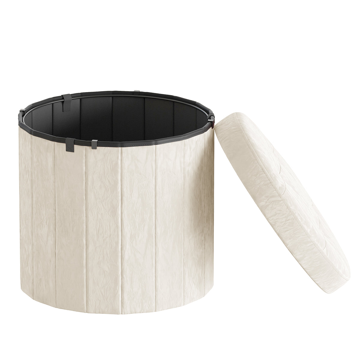 Storage Ottoman, PU Leather Vanity Stool with 65L Hidden Compartment, Round Foot Rest Bench for Bedroom, Warm White