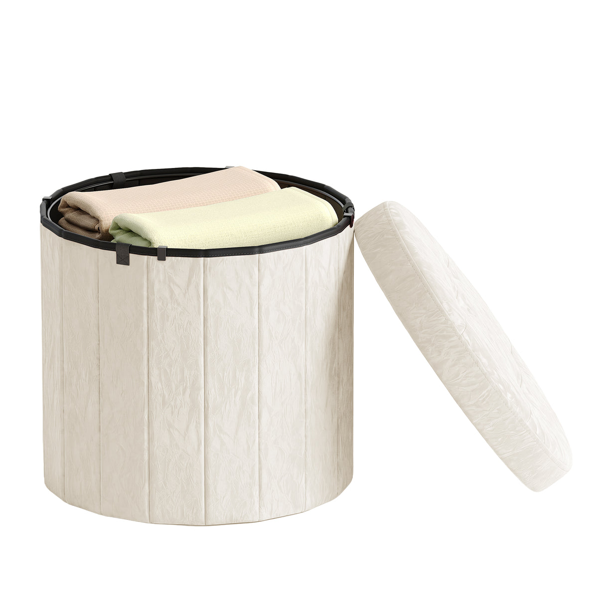 Storage Ottoman, PU Leather Vanity Stool with 65L Hidden Compartment, Round Foot Rest Bench for Bedroom, Warm White