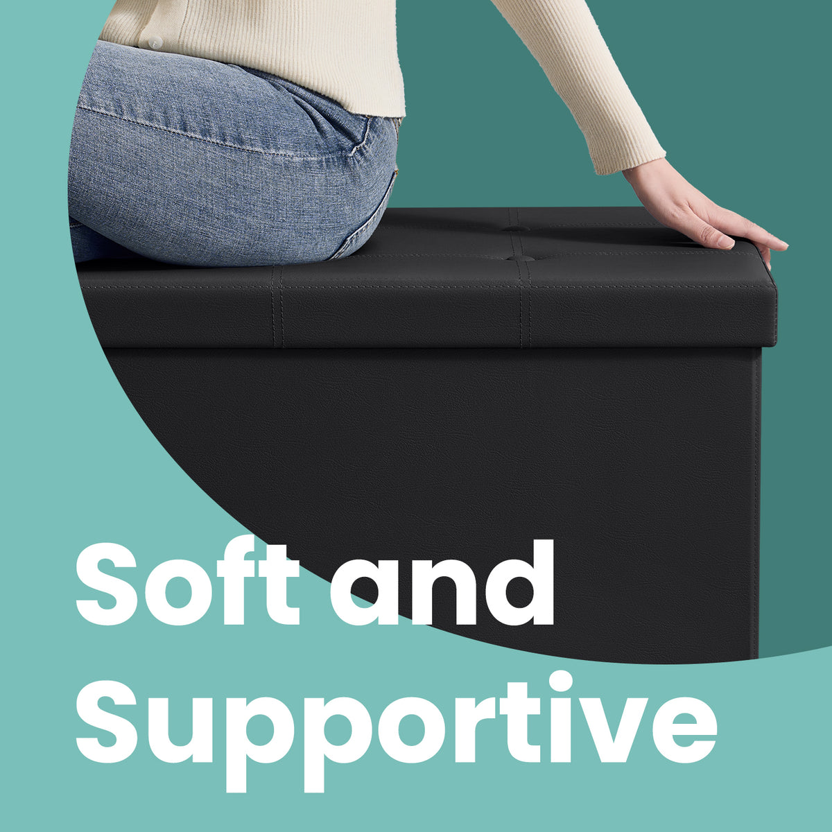 Collection - 43" Foldable Storage Ottoman Bench, 660lb Capacity, 3-in-1 Multi-Functional, Easy-Clean Synthetic Leather, Black
