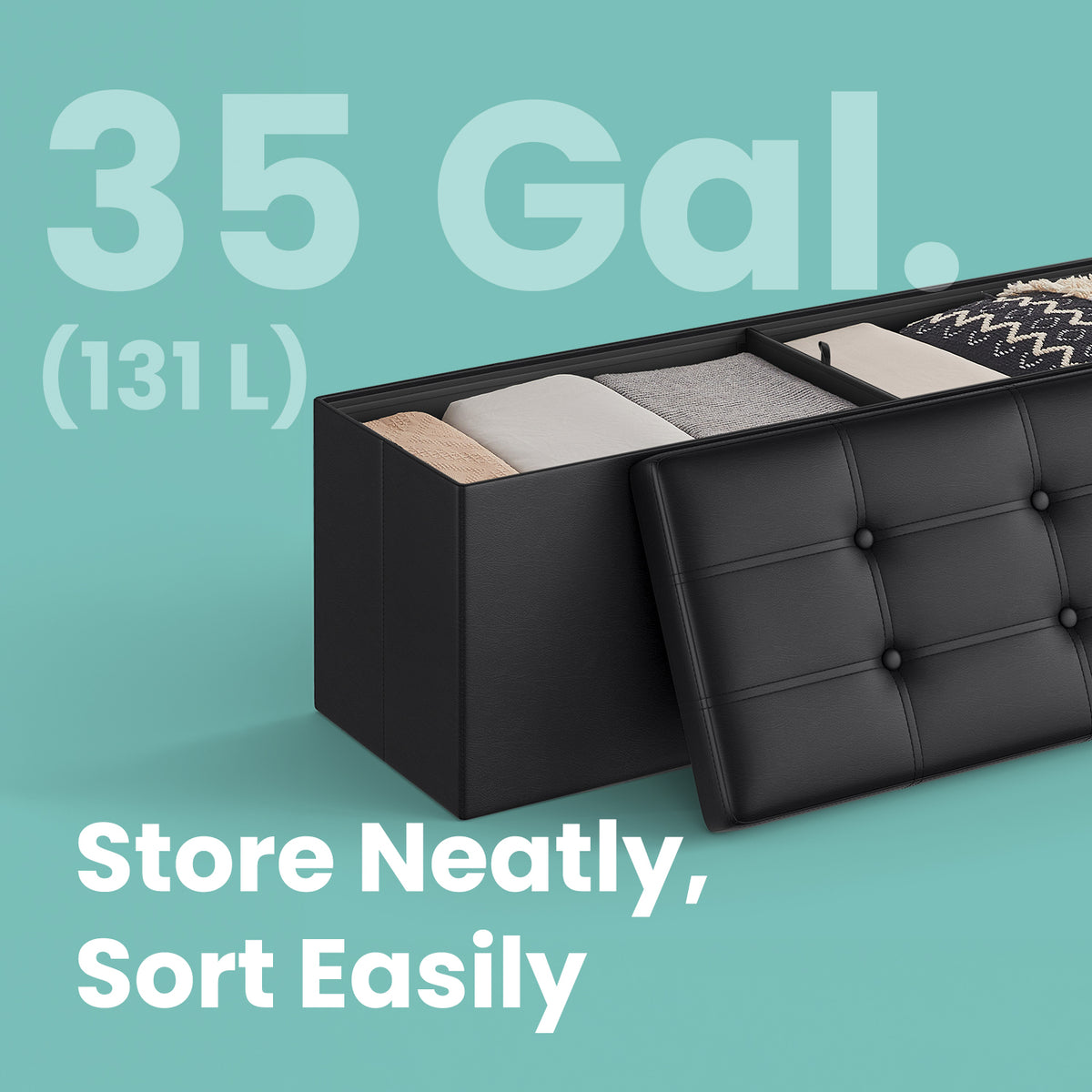 Collection - 43" Foldable Storage Ottoman Bench, 660lb Capacity, 3-in-1 Multi-Functional, Easy-Clean Synthetic Leather, Black