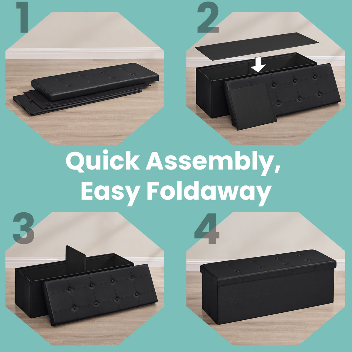 Collection - 43" Foldable Storage Ottoman Bench, 660lb Capacity, 3-in-1 Multi-Functional, Easy-Clean Synthetic Leather, Black