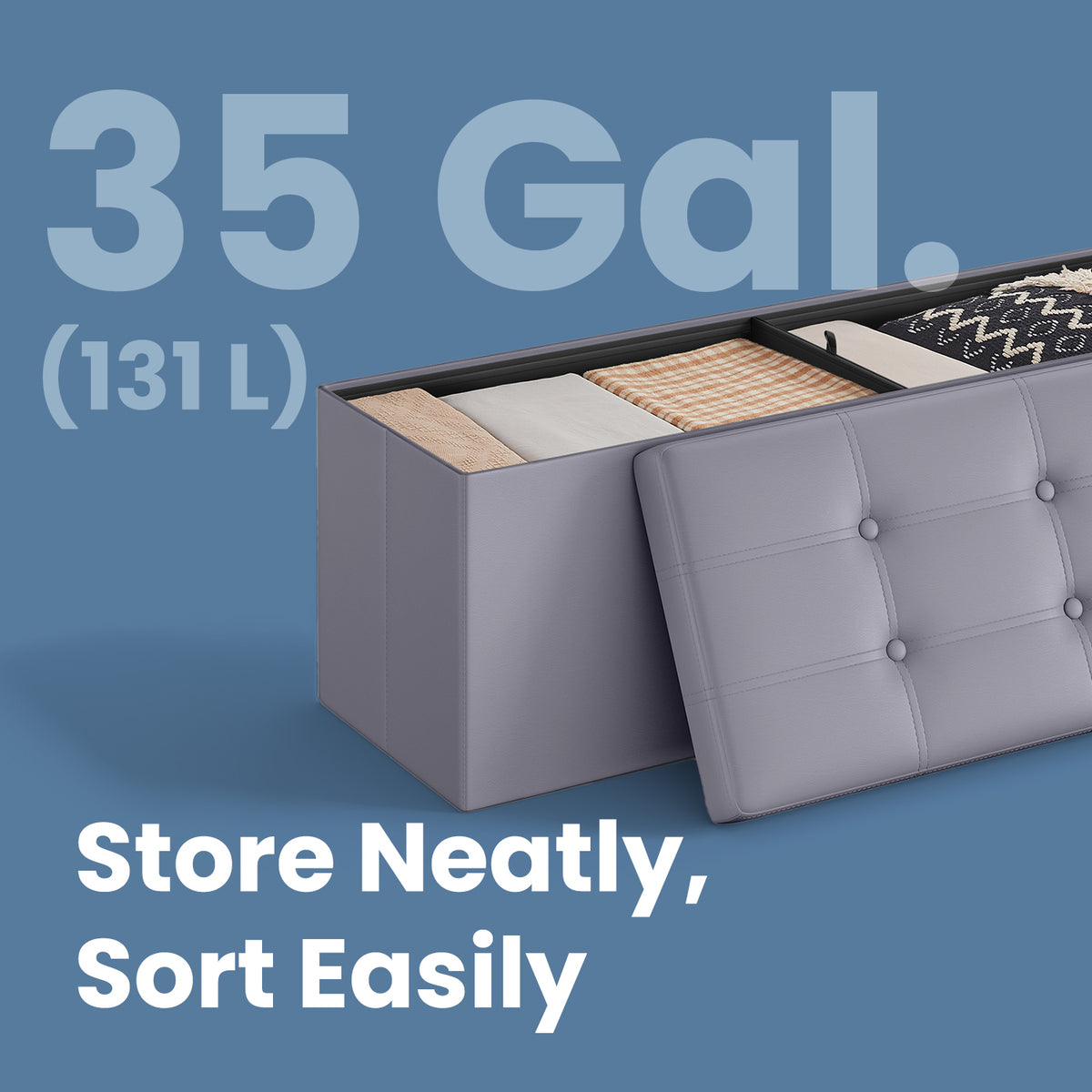 43" Folding Storage Ottoman Bench, 660lb Capacity, Multi-Use Footrest, 35 Gallon Storage Space, Easy Setup, Light Gray