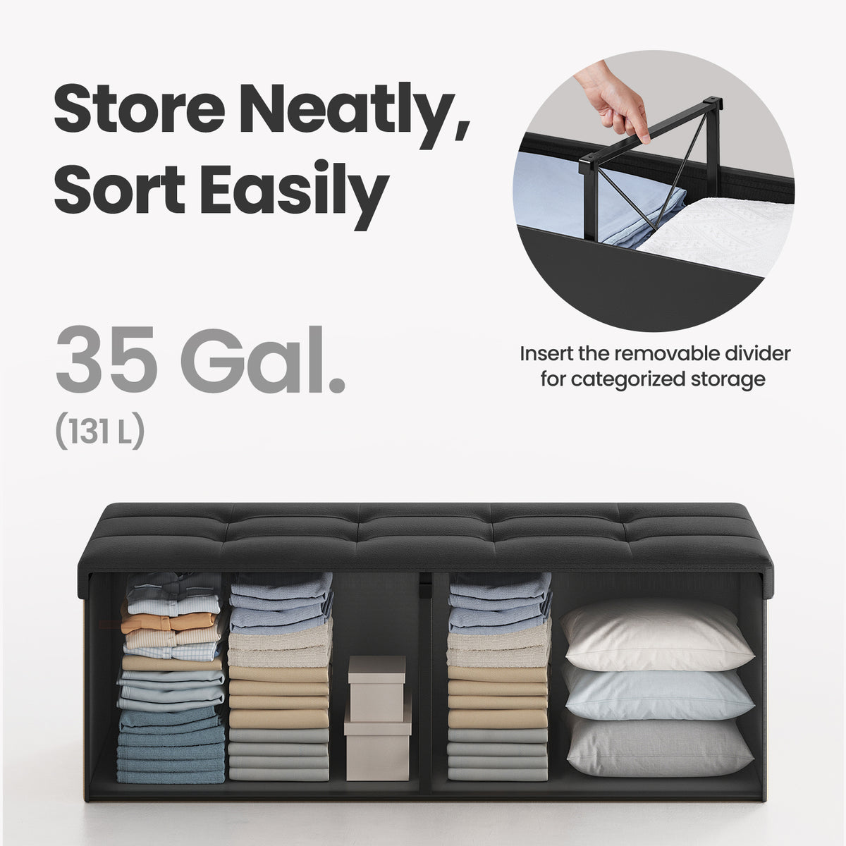 MAZIE Collection Storage Ottoman Bench, 43" Extra-Long, 660lb Capacity, Multi-Functional Footrest & Organizer, Synthetic Leather, Black
