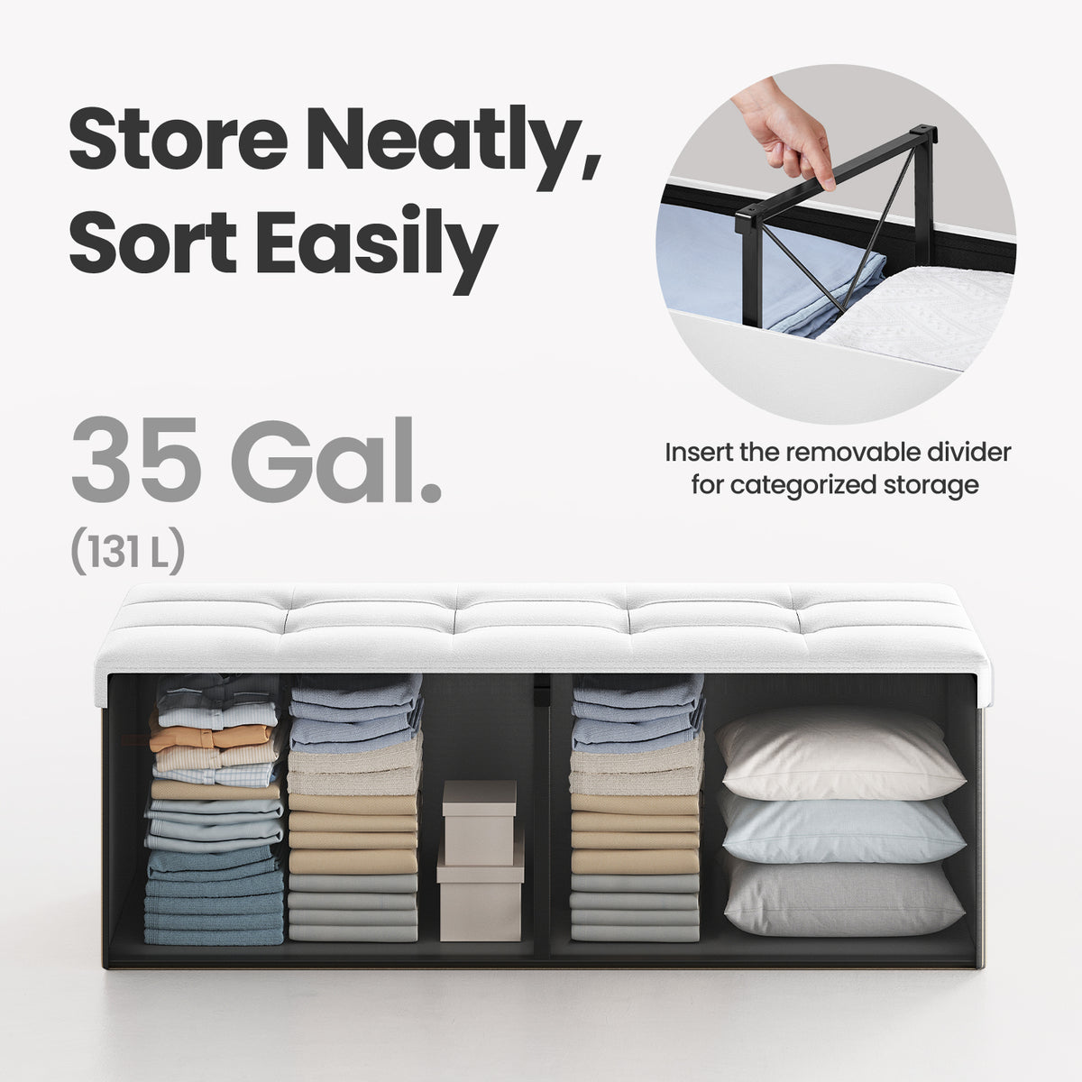 MAZIE Collection - 43" Foldable Storage Ottoman Bench, 660lb Capacity, Multi-Functional Footrest & Organizer, Removable Divider, White
