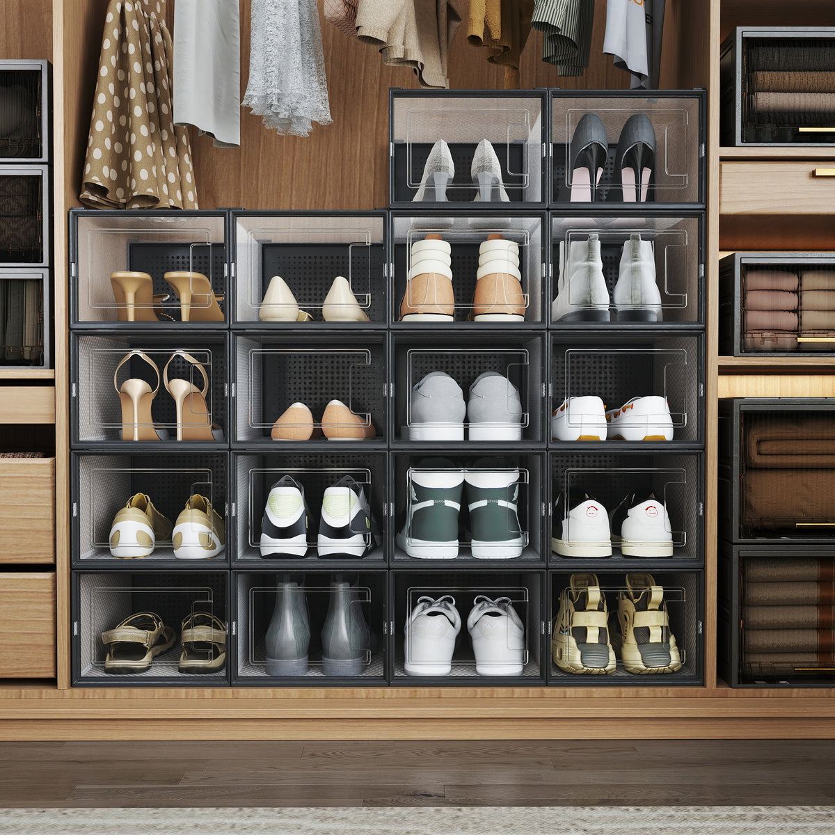 18-Pack Extra Large Shoe Boxes - Clear Stackable Organizers with Ventilation, Fits Size 13, Foldable for Closet, Transparent and Black