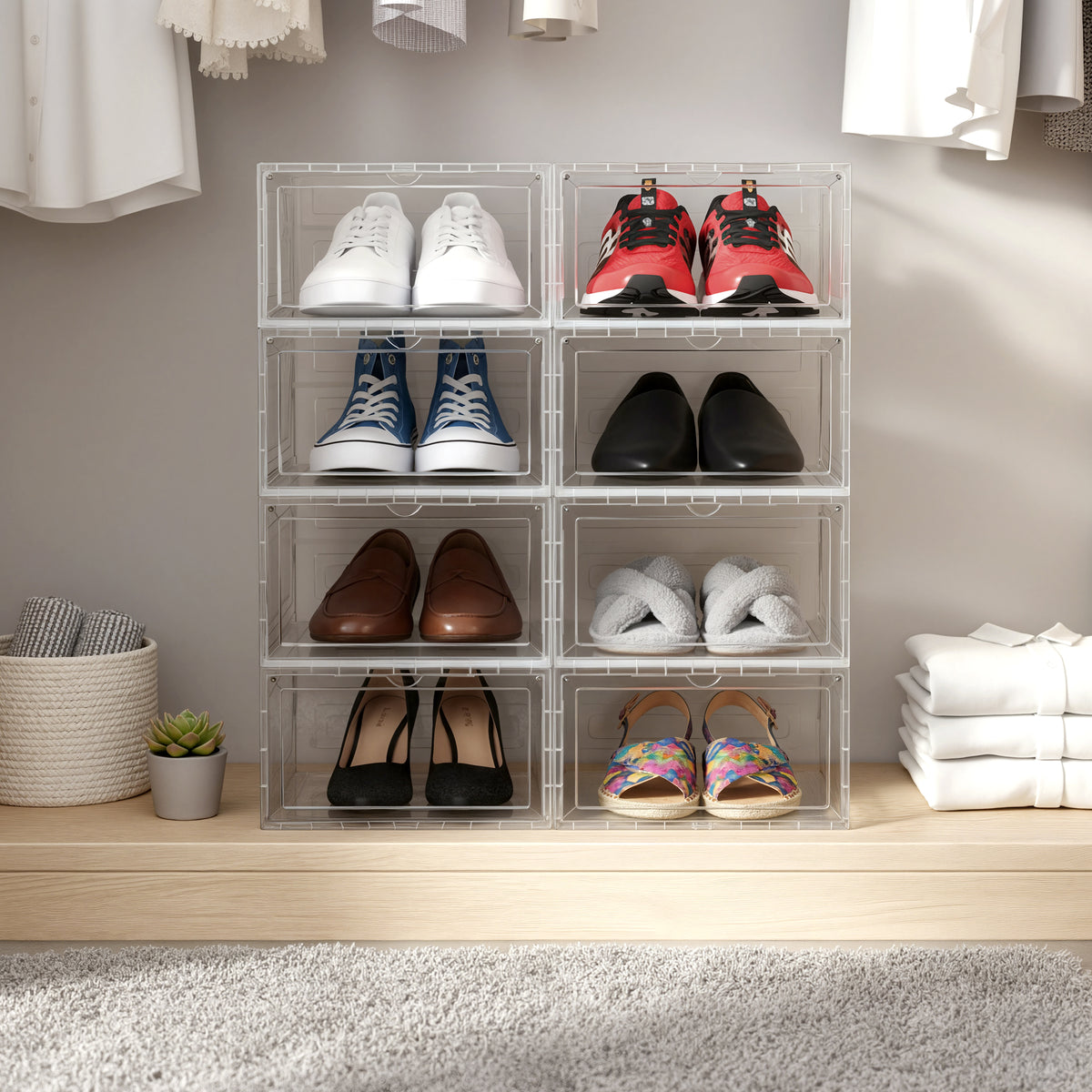 Stackable Shoe Boxes 8 Pack Clear Plastic Storage with Magnetic Door 13 x 11.2 x 7.5 Inches White