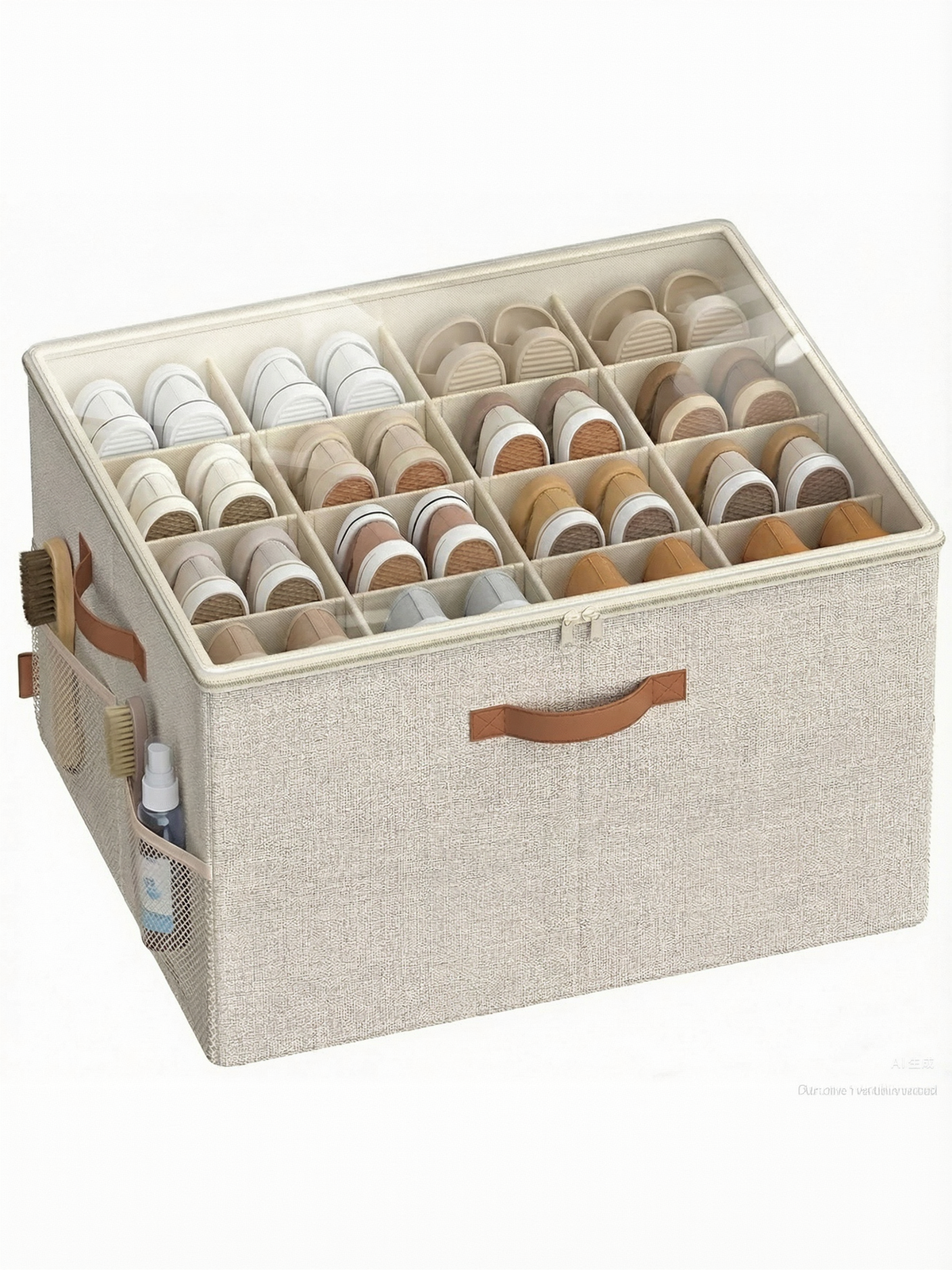 Shoe Storage Bin with Clear Cover, Adjustable Dividers Fabric Organizer for 16 Pairs of Shoes, Portable and Customizable, Cappuccino Beige