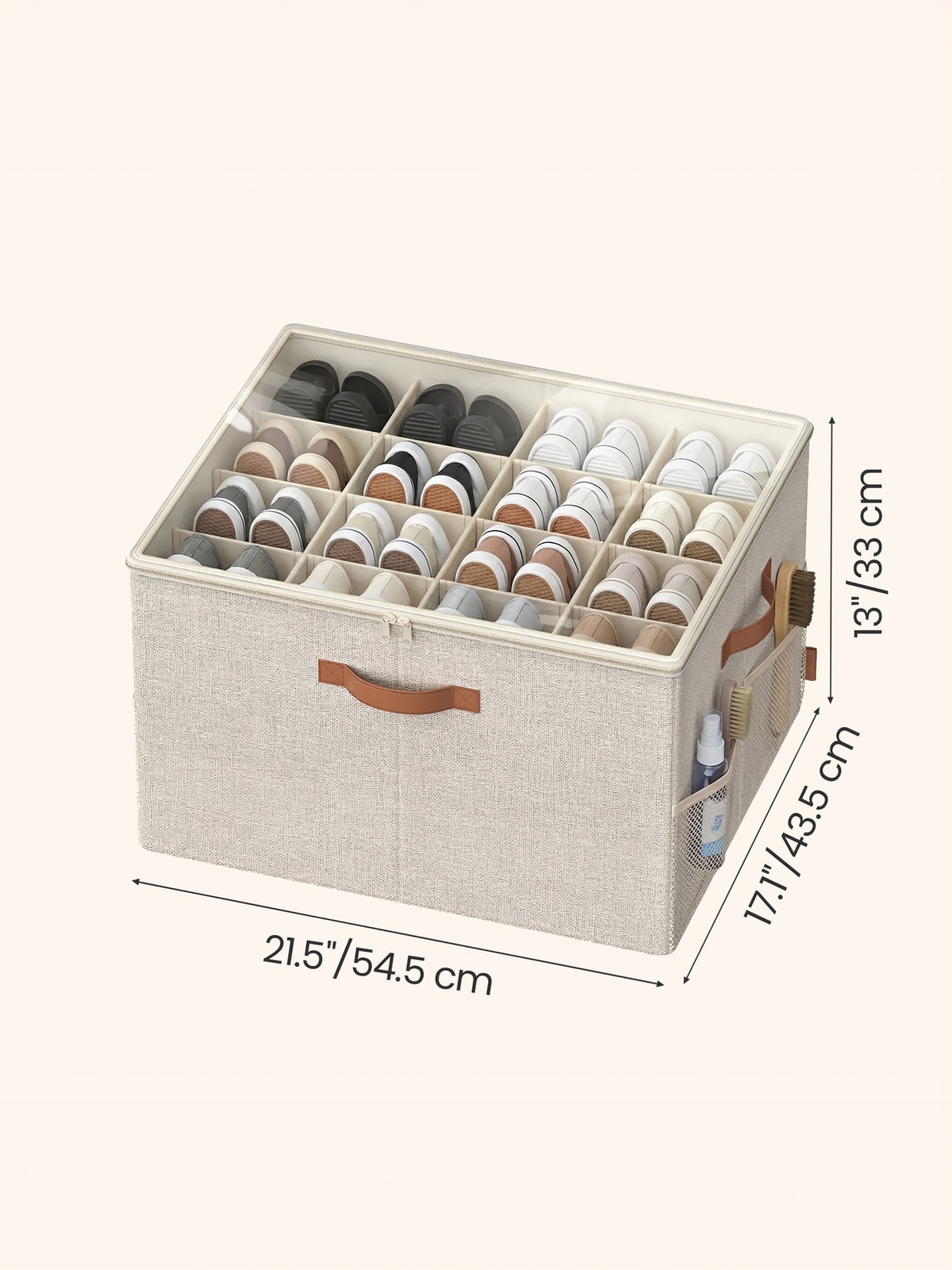 Shoe Storage Bin with Clear Cover, Adjustable Dividers Fabric Organizer for 16 Pairs of Shoes, Portable and Customizable, Cappuccino Beige