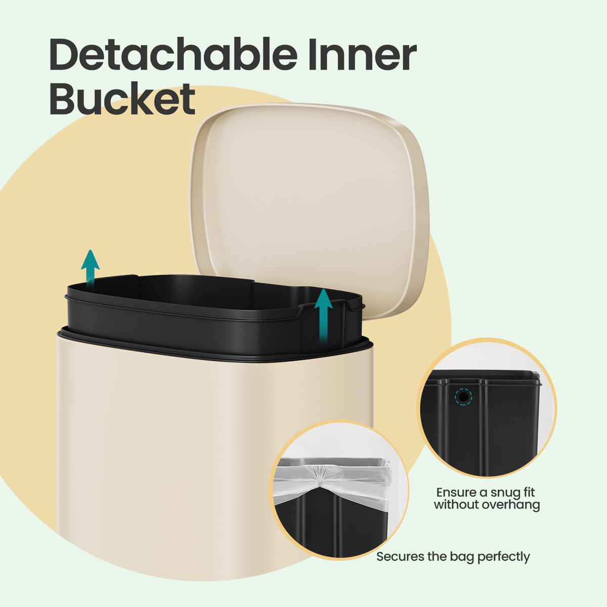 Stainless Steel 13 Gallon Step Trash Can, Soft-Close Lid with Odor Seal & Inner Bucket, Kitchen Recycling Bin,Sand Beige