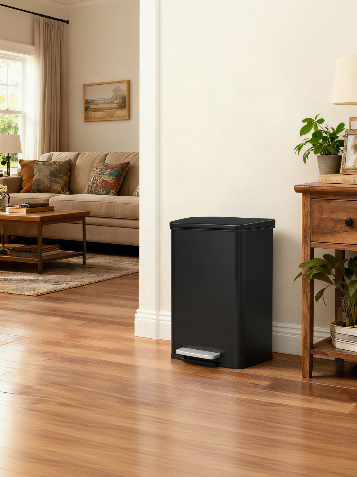 10.5 Gallon Step Trash Can with Soft Close Lid, Stainless Steel Garbage Bin with Stay-Open Feature and 15 Bags, Black
