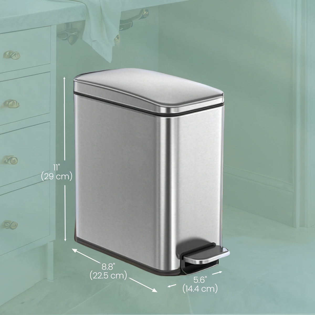 1.3 Gal Slim Step Bathroom Trash Can, Soft-Close Lid, Removable Bucket, Space-Saving Stainless Steel Bin,Silver