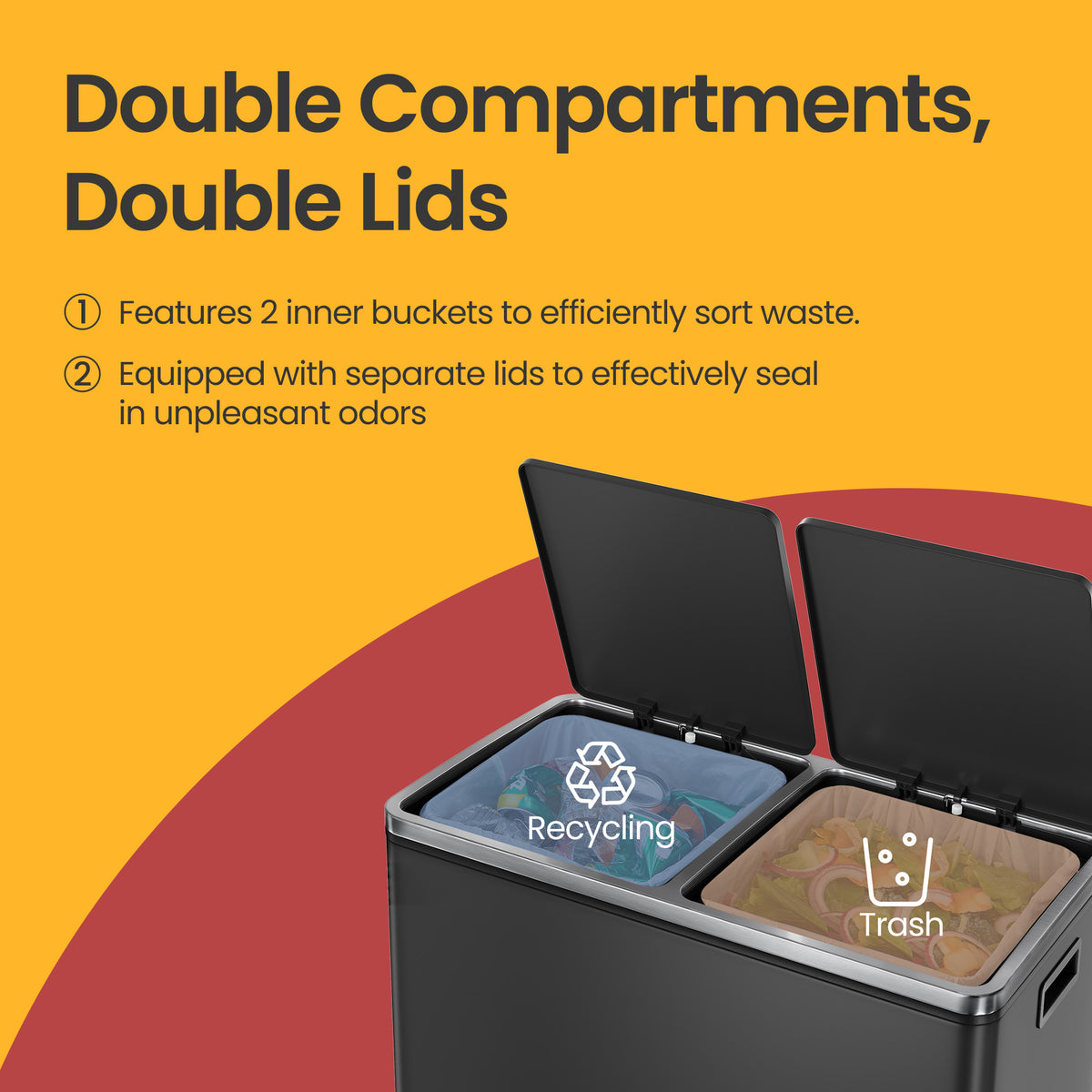 Dual Compartment Kitchen Trash Can, 2x8 Gallon Step Bin with Inner Buckets & Soft-Close Lid, Includes 15 Trash Bags,Black