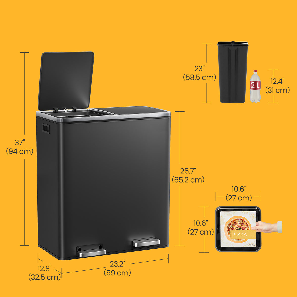 Dual Compartment Kitchen Trash Can, 2x8 Gallon Step Bin with Inner Buckets & Soft-Close Lid, Includes 15 Trash Bags,Black
