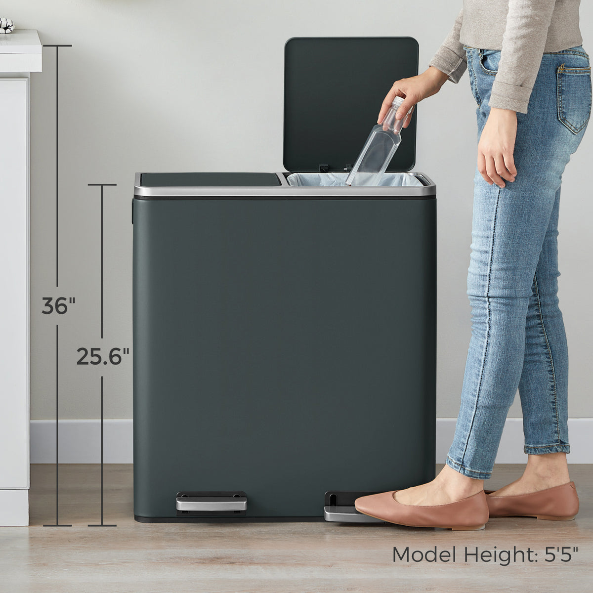 Dual Compartment Kitchen Trash Can, 2x8 Gallon Step Bin with Inner Buckets & Soft-Close Lid, Includes 15 Trash Bags,Greenish-Gray