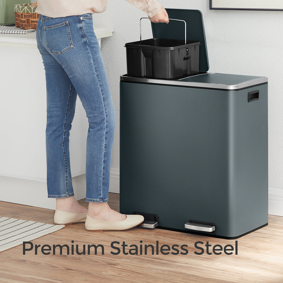 Dual Compartment Kitchen Trash Can, 2x8 Gallon Step Bin with Inner Buckets & Soft-Close Lid, Includes 15 Trash Bags,Greenish-Gray