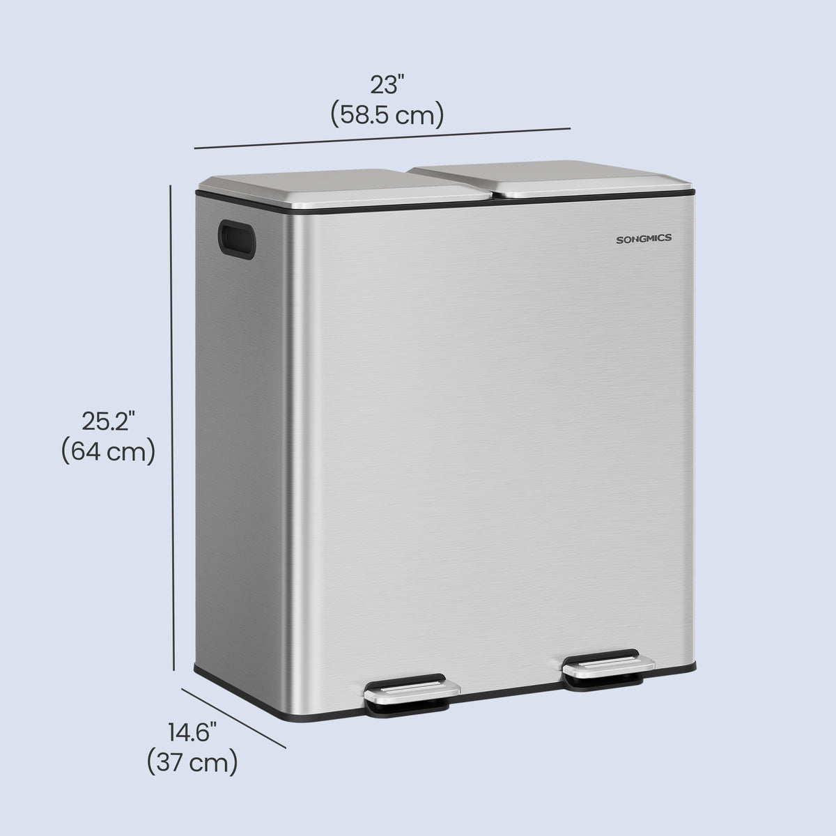 2 x 8 Gallon Dual Compartment Trash Can with Soft-Close Lids, Stainless Steel Pedal Garbage Bin for Waste and Recycling, Metallic Silver