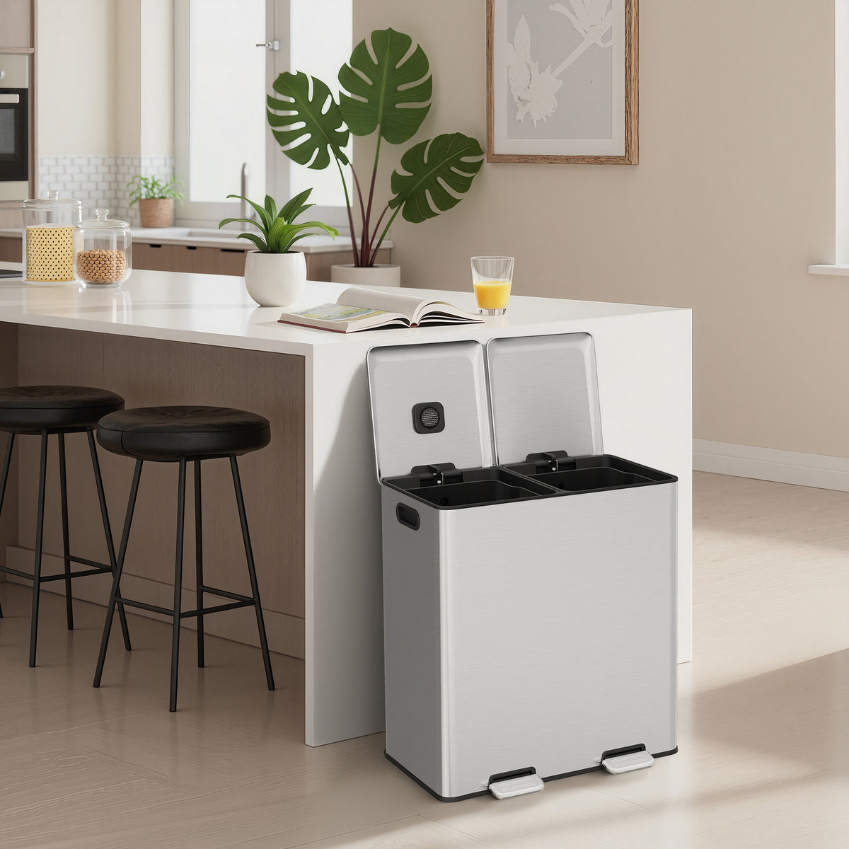 2 x 8 Gallon Dual Compartment Trash Can with Soft-Close Lids, Stainless Steel Pedal Garbage Bin for Waste and Recycling, Metallic Silver