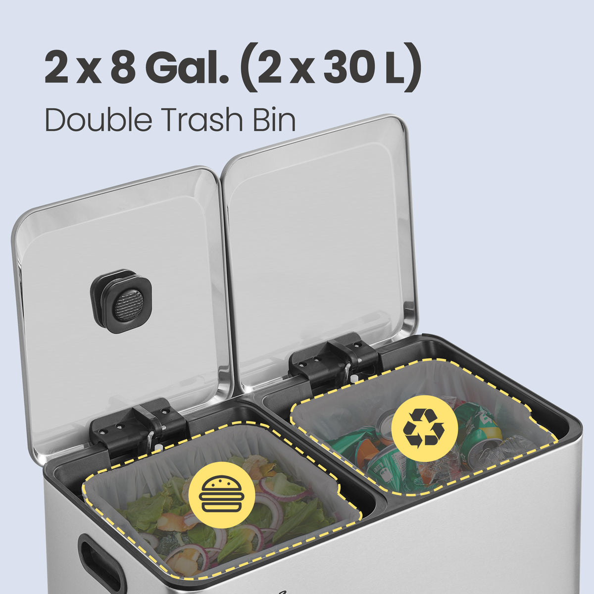 2 x 8 Gallon Dual Compartment Trash Can with Soft-Close Lids, Stainless Steel Pedal Garbage Bin for Waste and Recycling, Metallic Silver