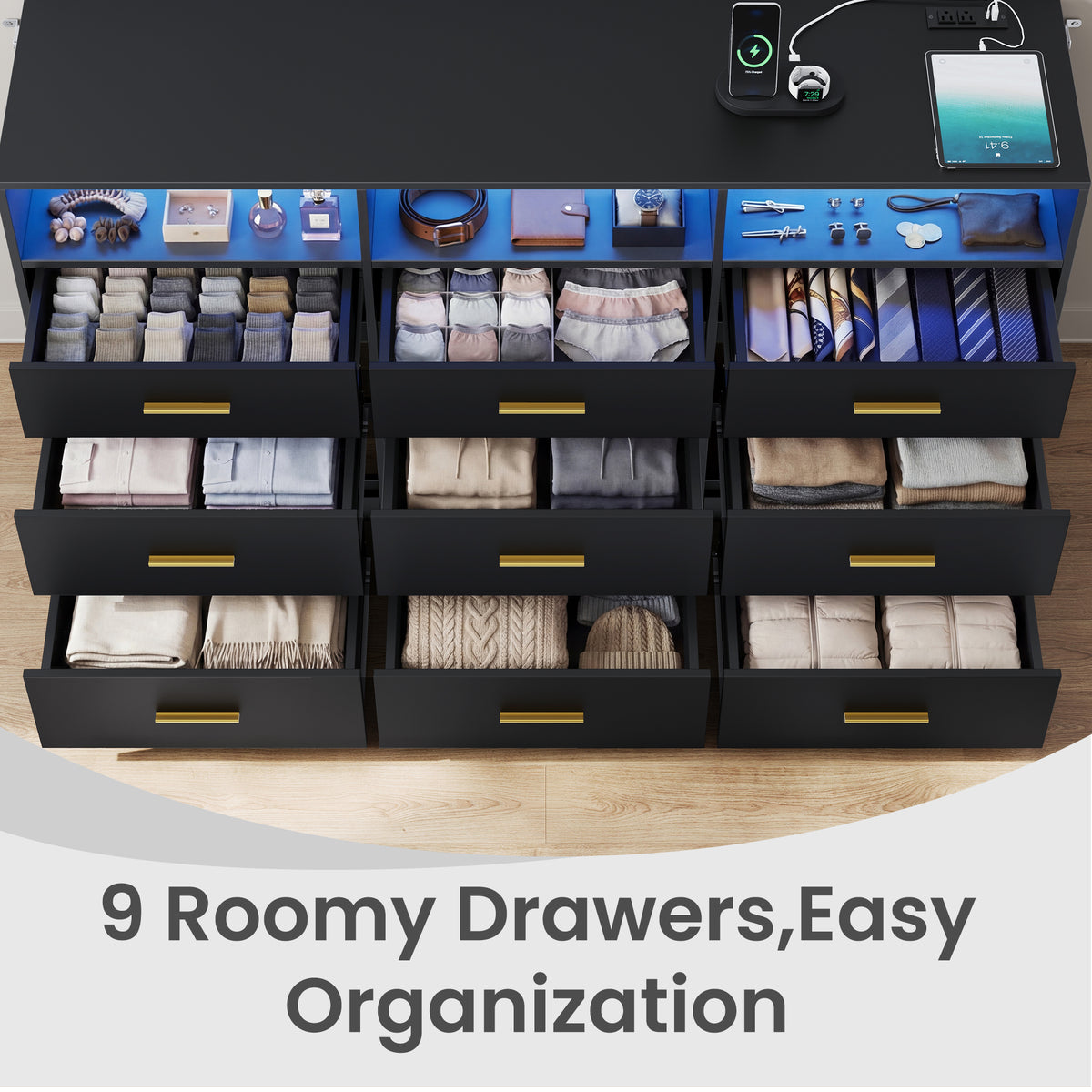 9-Drawer Dresser for Bedroom with LED Lights & Power Strip, Modern Chest of Drawers, TV Stand for Living Room, 63" Wide, Ink Black