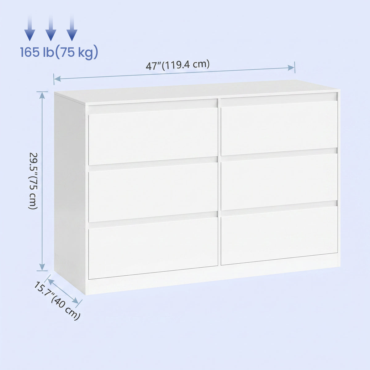 6-Drawer Dresser, Handleless Narrow Clothes Storage Cabinet, 47 x 15.7 x 29.5 Inches, White