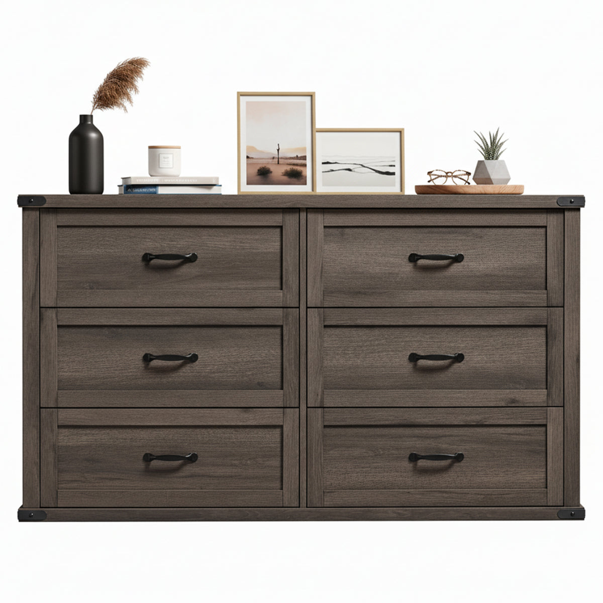 6-Drawer Dresser for Bedroom, 54-Inch Wide Modern Farmhouse Chest of Drawers with Metal Handles, TV Stand, Anti-Tipping, Taupe Brown