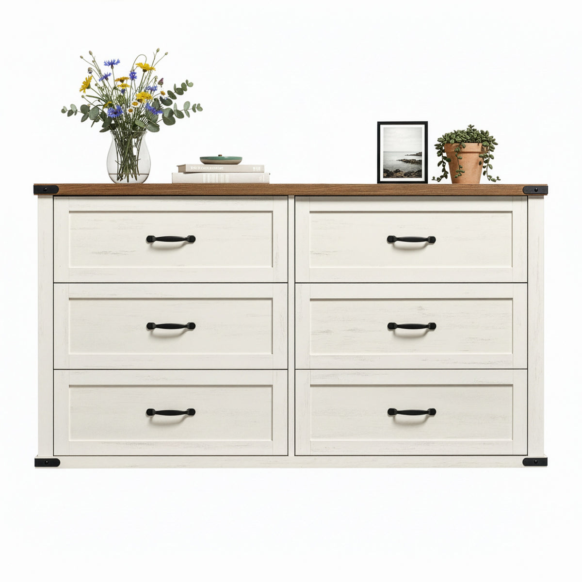 6-Drawer Dresser Chest for Bedroom, 54-Inch Wide Farmhouse Storage Cabinet with Metal Handles, TV Stand for Living Room Entryway, Anti-Tip, Rustic White