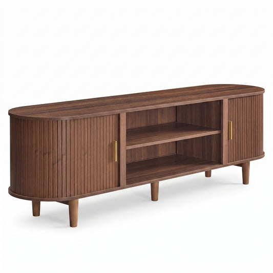 TV Stand, Mid-Century Modern Entertainment Center with Curved Sliding Doors, 70 x 15.7 x 21.7 inches, Walnut Brown