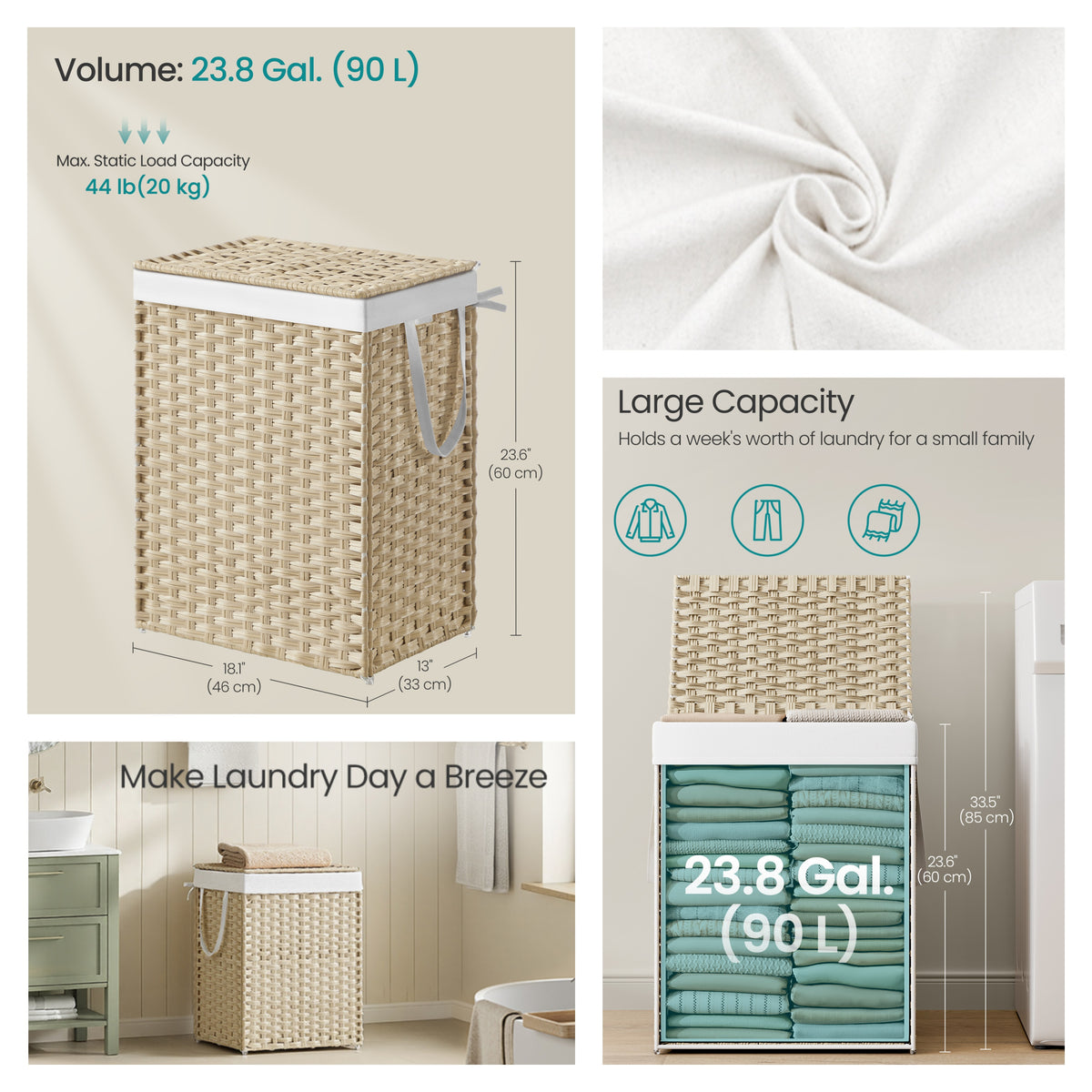Laundry Hamper with Lid, 23.8 Gallon Large Clothes Basket with Handles & Removable Liner, Synthetic Rattan with Metal Frame, Foldable & Ventilated, Summer Sand