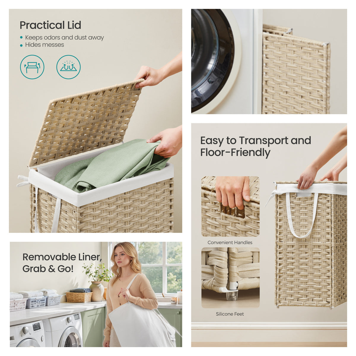 Laundry Hamper with Lid, 23.8 Gallon Large Clothes Basket with Handles & Removable Liner, Synthetic Rattan with Metal Frame, Foldable & Ventilated, Summer Sand