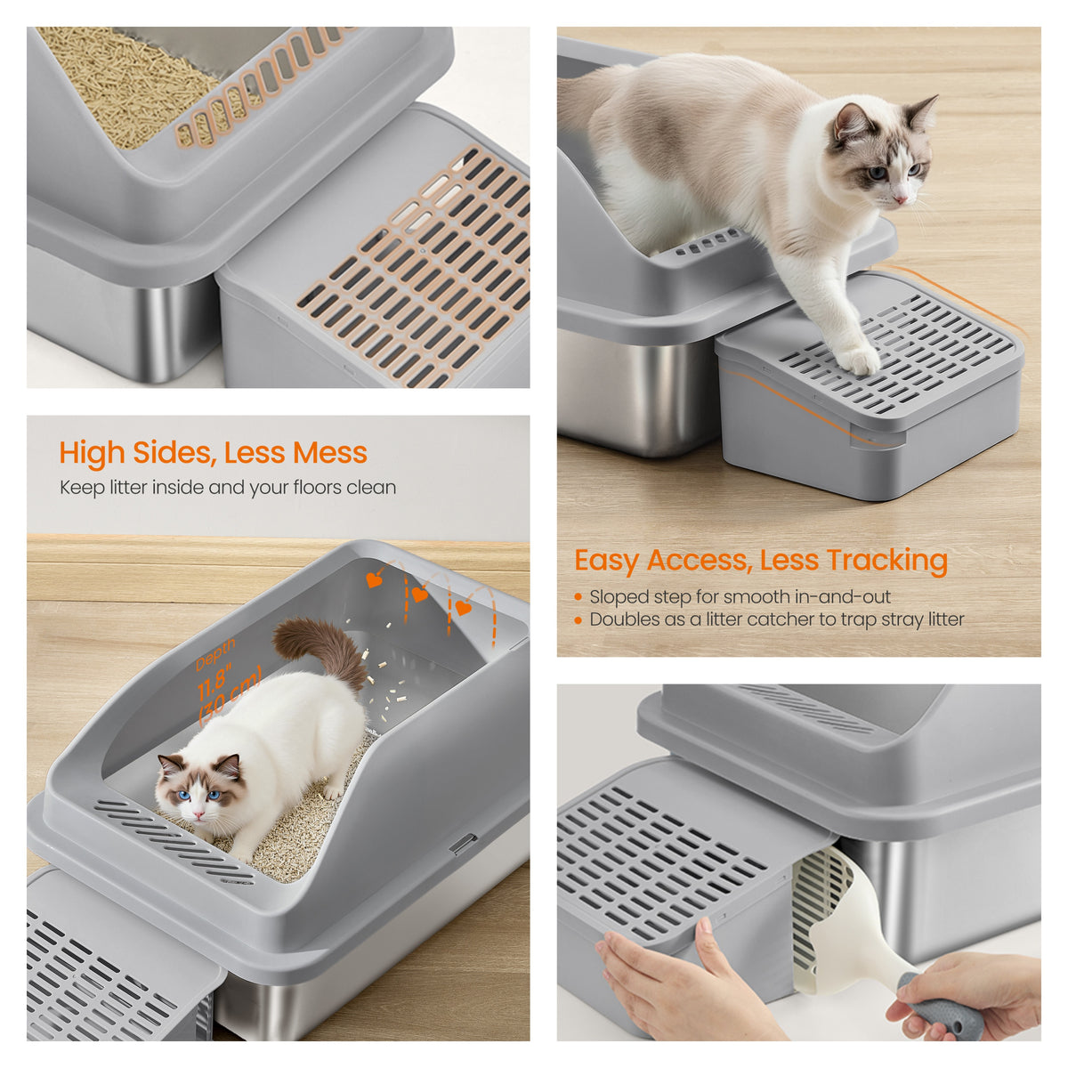 Stainless Steel Open Top Cat Litter Box with Step, High-Sided Litter Tray for Cats up to 33 lb, Slate Gray