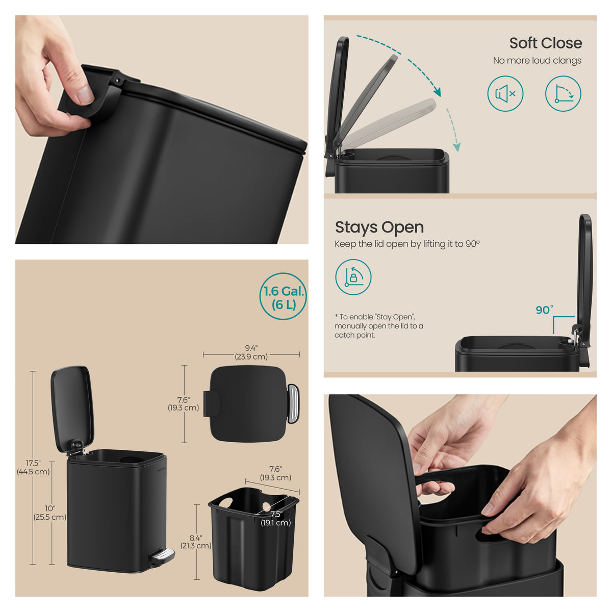 1.6-Gallon Dog Poop Trash Can with Soft-Close Lid, Stainless Steel Outdoor Garbage Bin with Inner Bucket, for Pet Waste, Ink Black