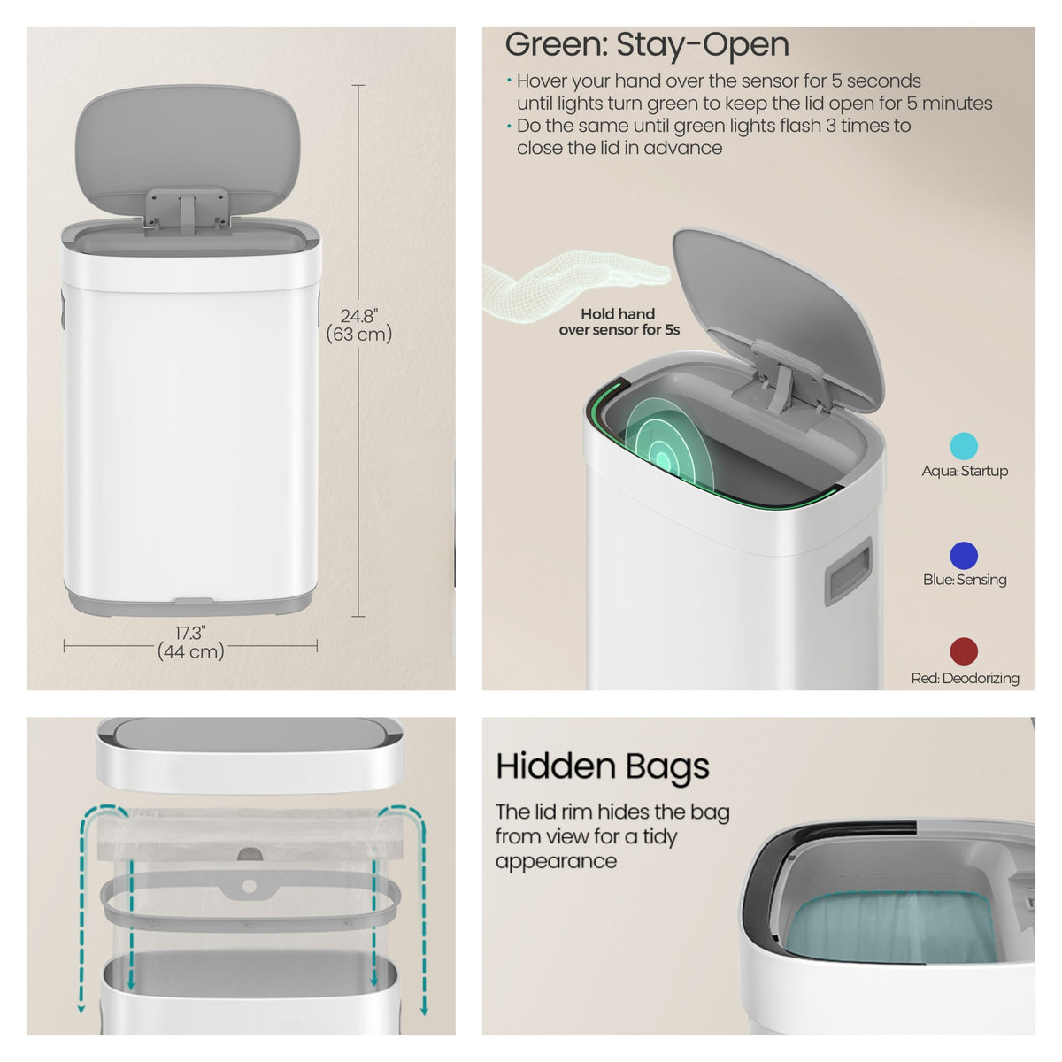 Motion Sensor Kitchen Trash Can, 17.2-Gallon Automatic Stainless Steel Garbage Bin with Ozone Odor Control and Stay-Open Lid, Cloud White