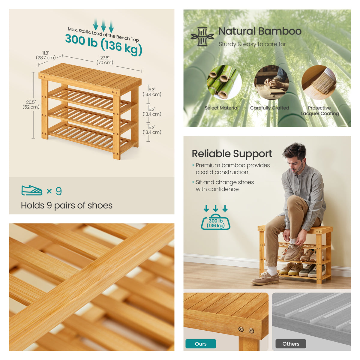 3-Tier Bamboo Shoe Rack Bench with Storage Shelves, Entryway Organizer and Seating for Multiple Rooms, Light Bamboo