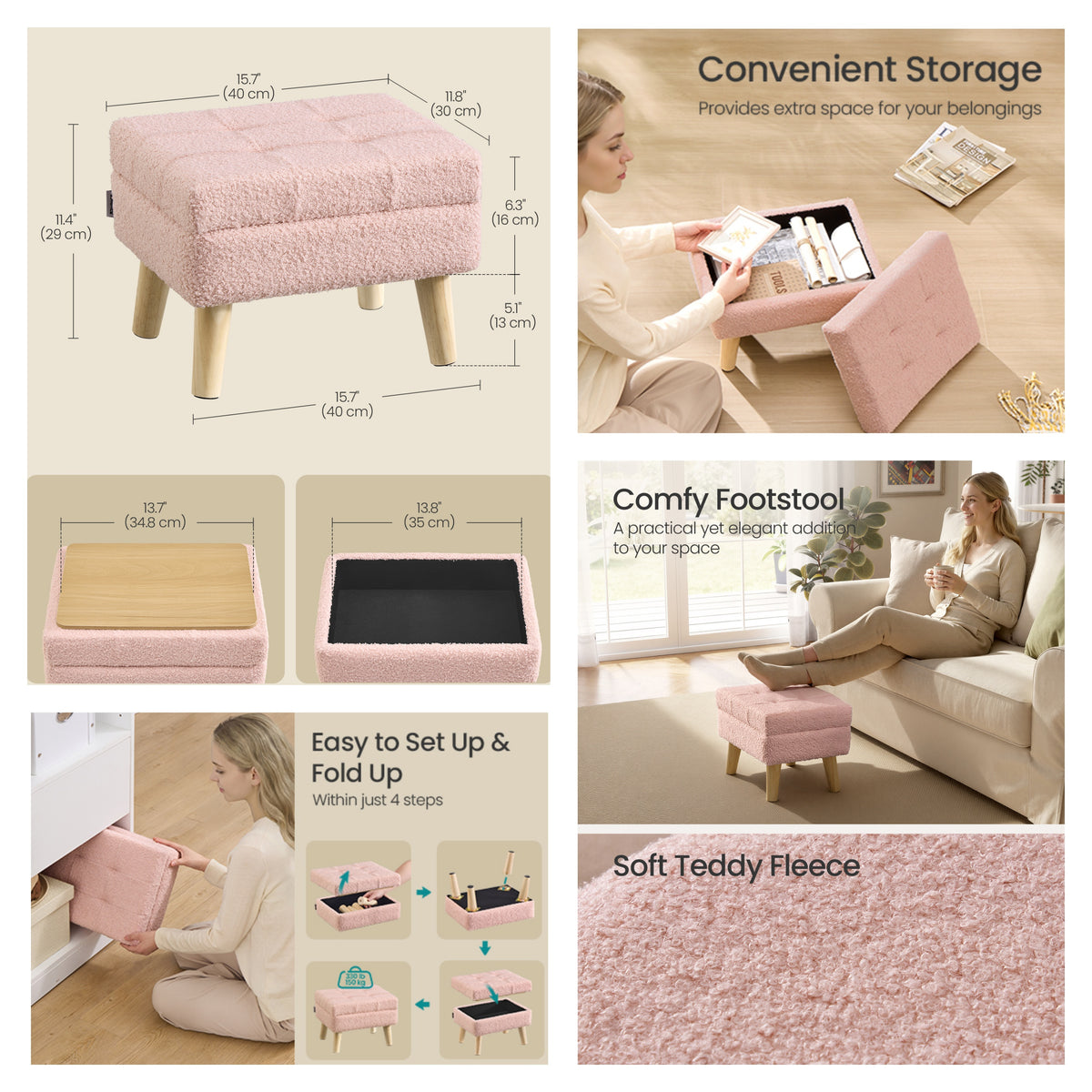 Rectangular Storage Ottoman with Teddy Fleece, 11.8 x 15.7 Inch Foot Stool and Small Table for Living Room, Jelly Pink