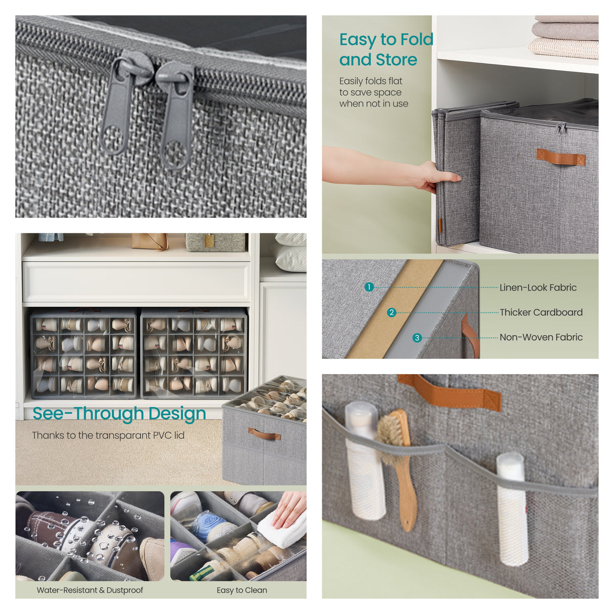 Shoe Storage Bin with Clear Cover, Adjustable Dividers Fabric Organizer for 16 Pairs of Shoes, Portable and Customizable, Dove Gray