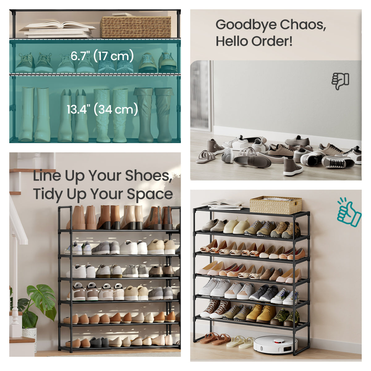 6-Tier PP Plastic, Steel Shoe Storage Shelf, Stackable Shoe Organizer, for Entryway, Black