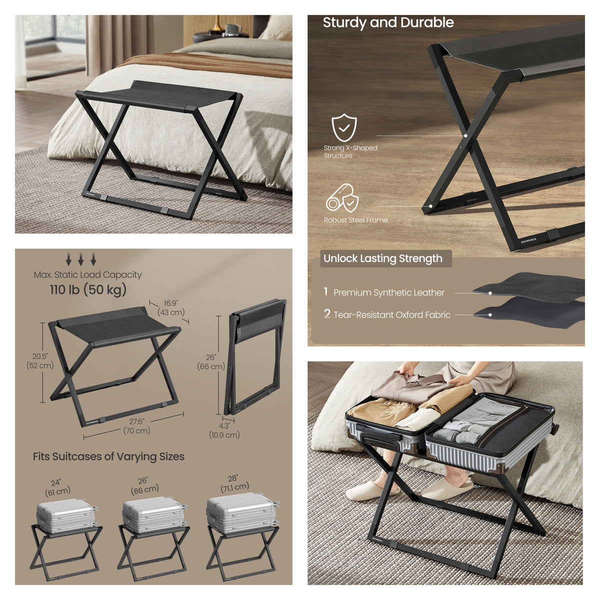 Luggage Rack, Foldable Steel Suitcase Stand for Guest Room, 27.4 x 17.4 x 19.7 Inches, Black