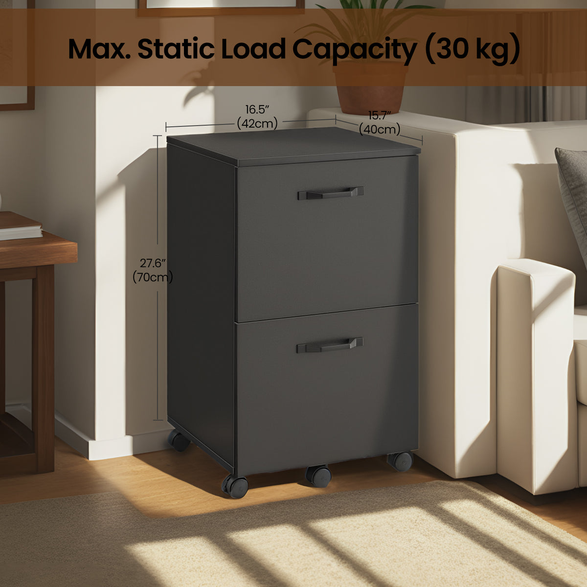 2-Drawer Mobile File Cabinet, Compact Rolling Storage Organizer for Office, Home, A4 Letter Size Compatible, Lockable Casters, Matte Black