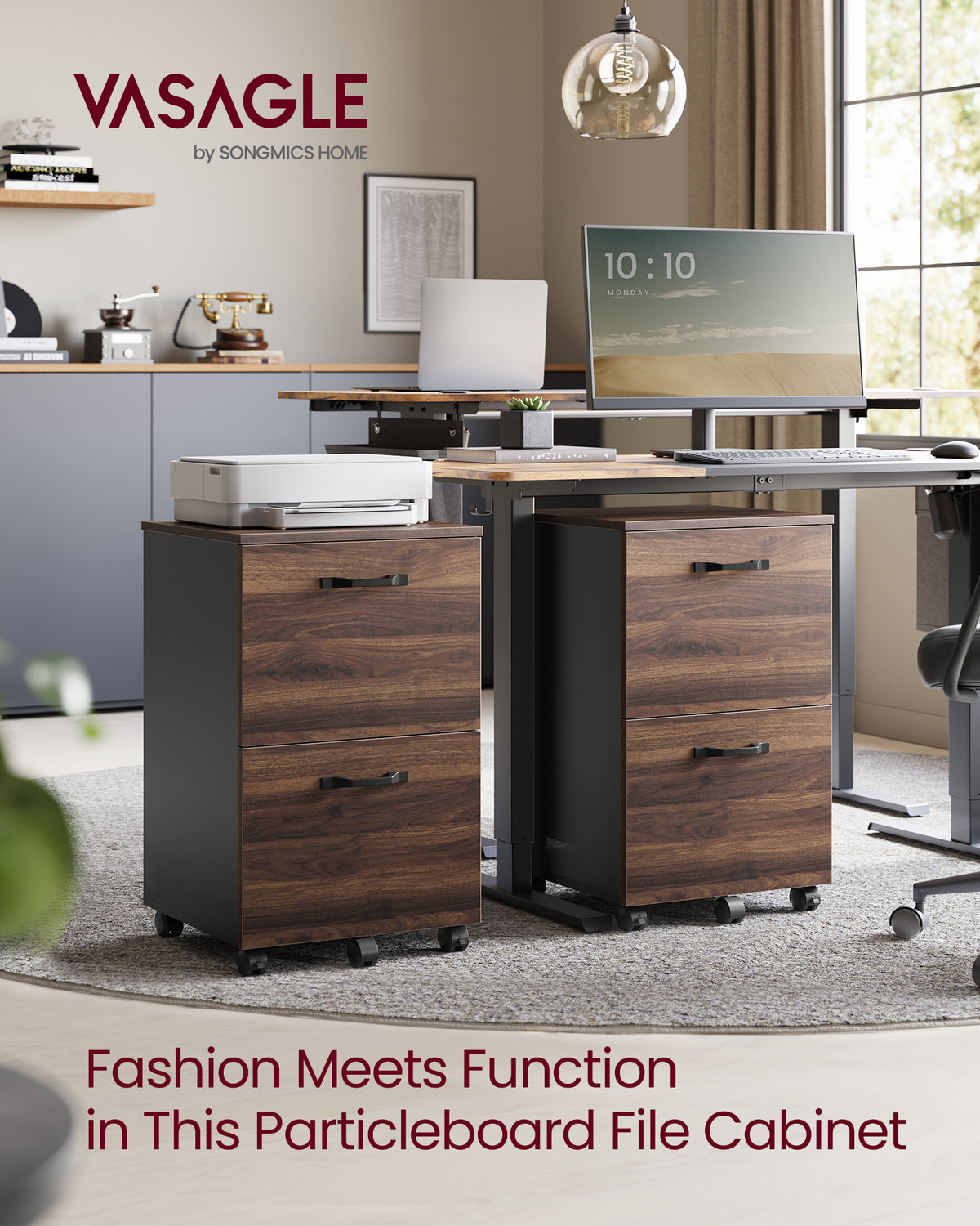 2-Drawer Rolling File Cabinet, Small Office Storage with Lockable Casters, for A4，Letter Documents, Under Desk Printer Stand, Walnut & Black