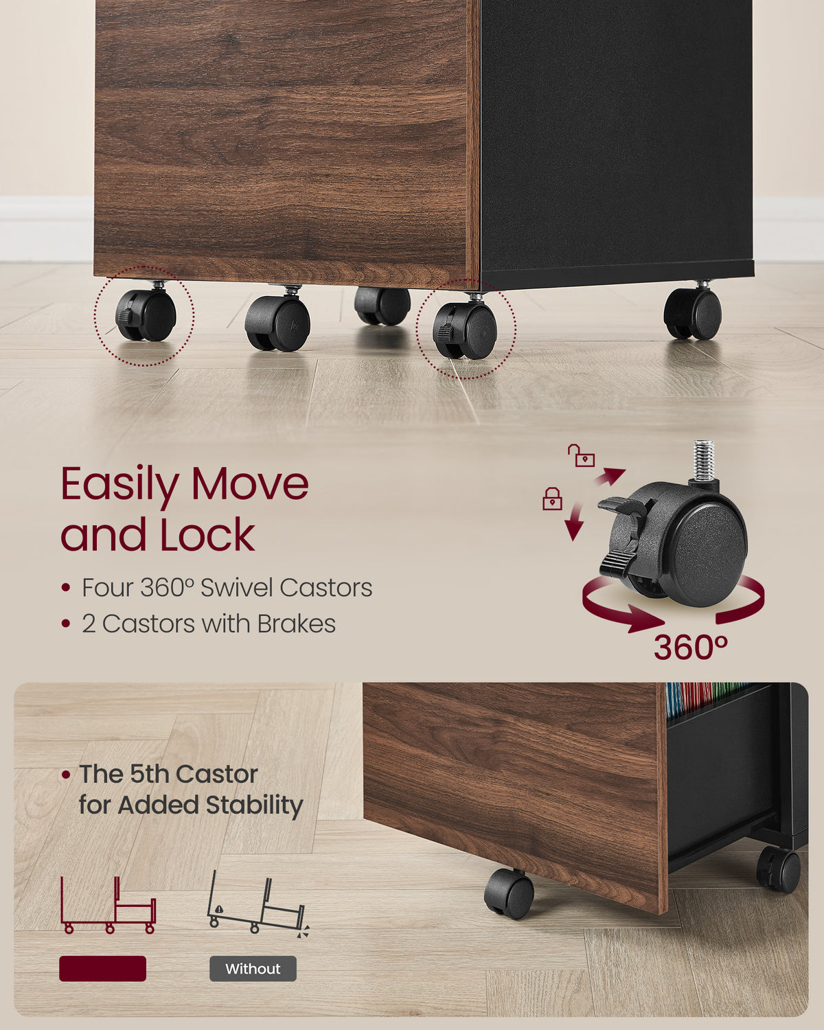 2-Drawer Rolling File Cabinet, Small Office Storage with Lockable Casters, for A4，Letter Documents, Under Desk Printer Stand, Walnut & Black