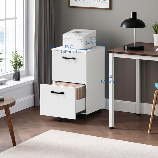 2-Drawer Mobile File Cabinet, Compact Rolling Organizer for Office/Home, A4 Letter Size, Lockable Casters, white