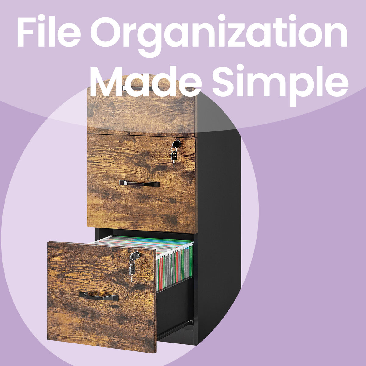 3-Drawer Vertical File Cabinet, Space-Saving Storage for Office, Bedroom, A4 Letter Size, Lockable Drawers, Rustic Brown and Black