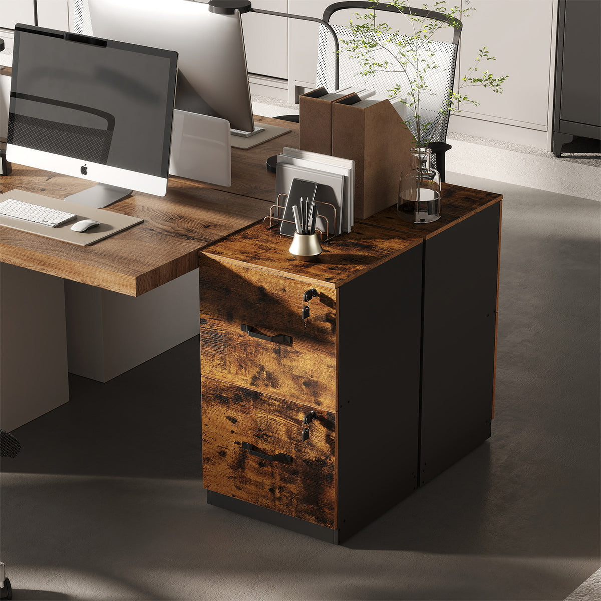 LEDREM 2-Drawer File Cabinet with Lock, Printer Stand & Office Organizer, for A4 & Letter Size Documents, Rustic Brown and Ink Black