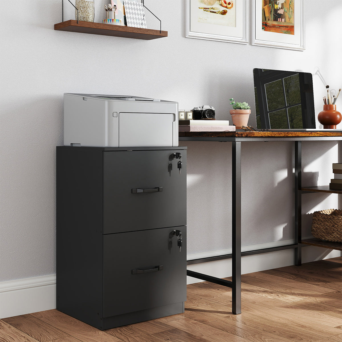 LEDREM 2-Drawer File Cabinet with Lock, Printer Stand & Office Organizer, for A4 & Letter Size Documents, Ink Black
