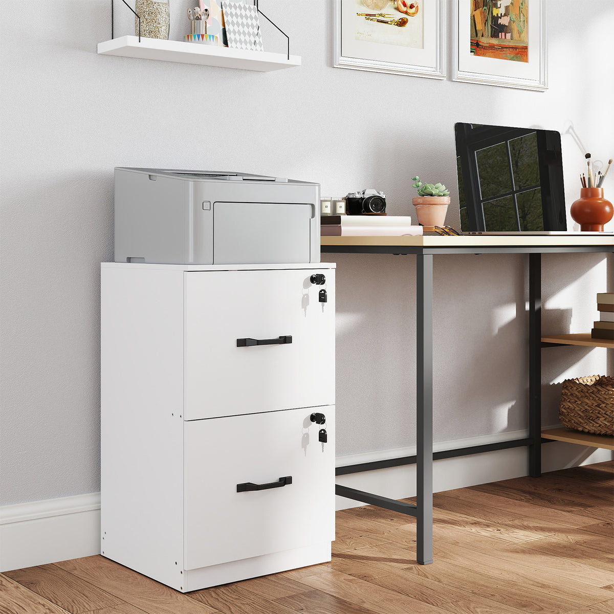 2-Drawer Lockable File Cabinet with Hanging Rails, Printer Stand and Office Organizer, Fits A4 & Letter Documents, 15.7 x 16.1 x 27.9 Inches, Cloud White