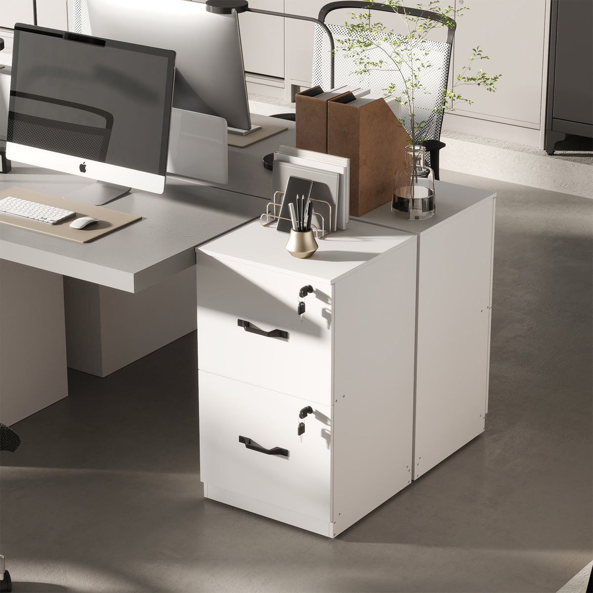 2-Drawer Lockable File Cabinet with Hanging Rails, Printer Stand and Office Organizer, Fits A4 & Letter Documents, 15.7 x 16.1 x 27.9 Inches, Cloud White