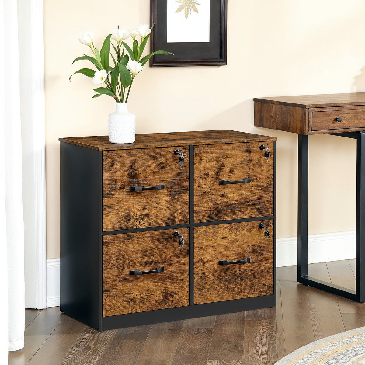 File Cabinet with Lock, 4-Drawer Office Filing Cabinet Organizer, Printer Stand for A4 Letter Size Documents, Rustic Brown and Black