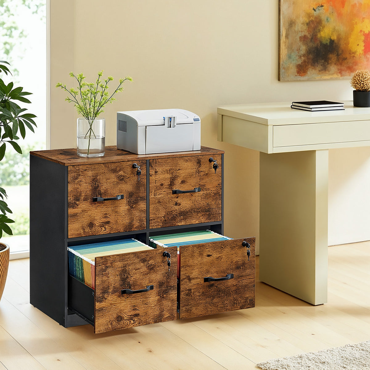 File Cabinet with Lock, 4-Drawer Office Filing Cabinet Organizer, Printer Stand for A4 Letter Size Documents, Rustic Brown and Black
