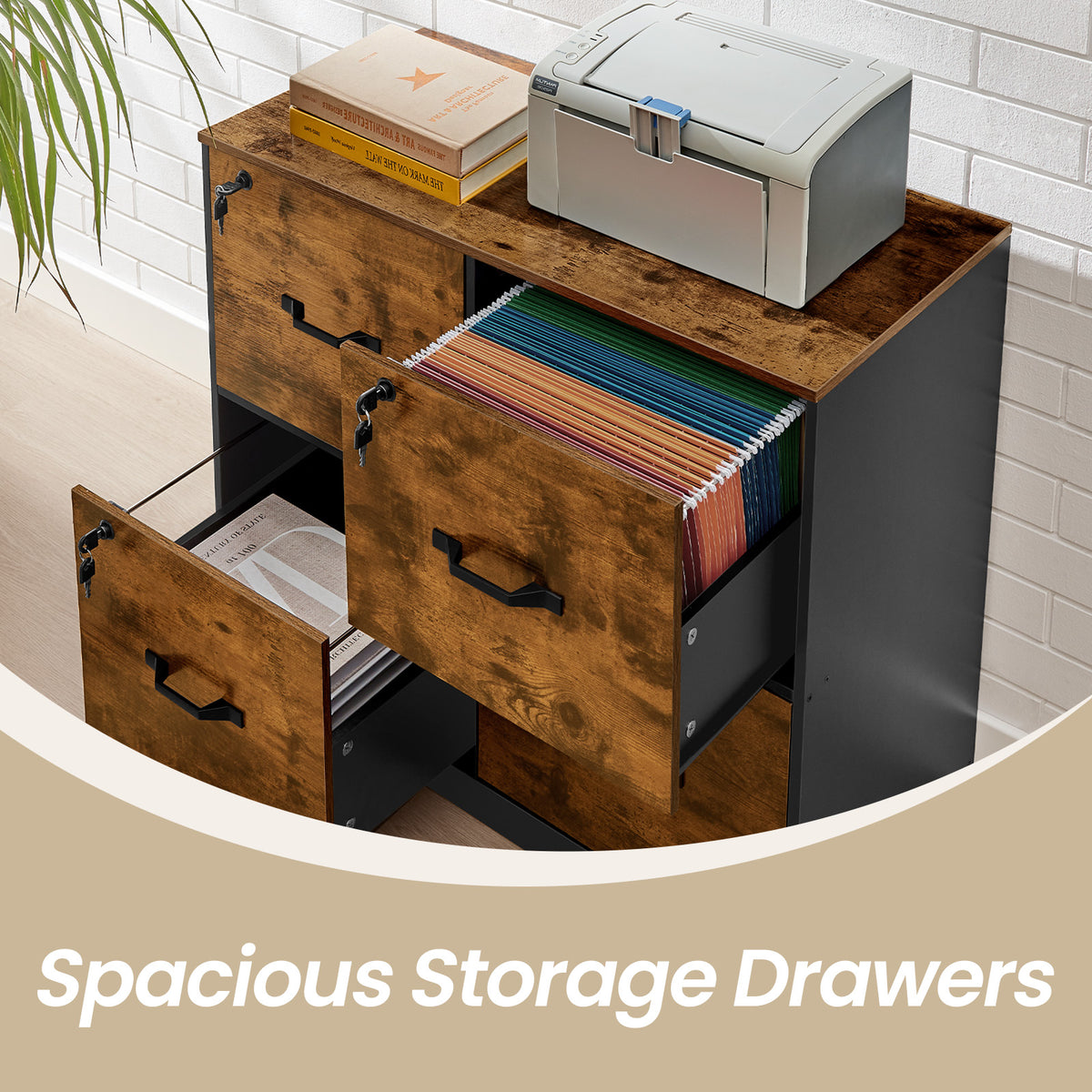 File Cabinet with Lock, 4-Drawer Office Filing Cabinet Organizer, Printer Stand for A4 Letter Size Documents, Rustic Brown and Black