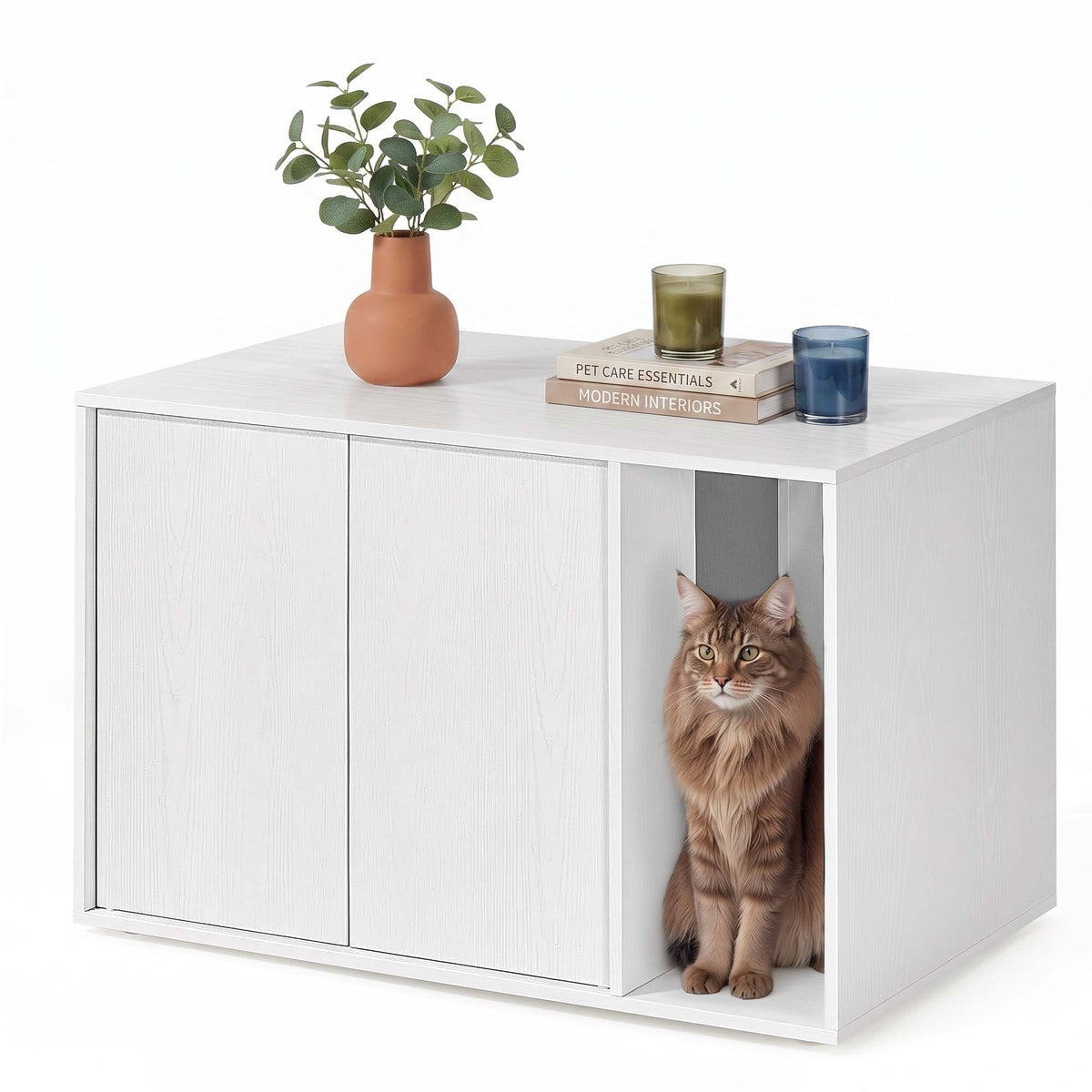 Cat House, Snapsemble Superfast Assembly, Cat Litter Box Enclosure for Large Cats, Push-to-Open Doors, Snow White